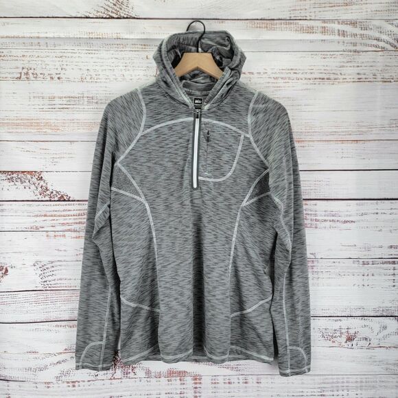REI Co-Op Hooded Shirt Women's Size L Gray Striped 1/4 Zip Pullover Run Gym Logo - Picture 1 of 8